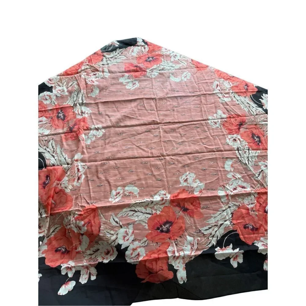 NWT Ann Taylor Womens Black Red Floral Silk Blend Sheer Lightweight Scarf